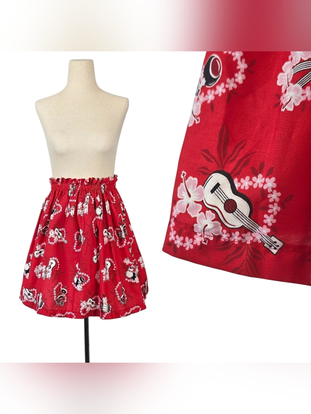 Hawaiian Print Mini Skirt 50s Vintage Inspired Red Ukelele Pink Hibiscus Lei 60s